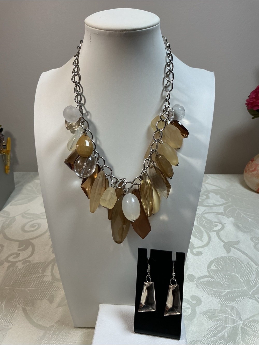 Premier Design Amber Multi-Shape Acrylics Silver Tone Necklace & Earrings Set